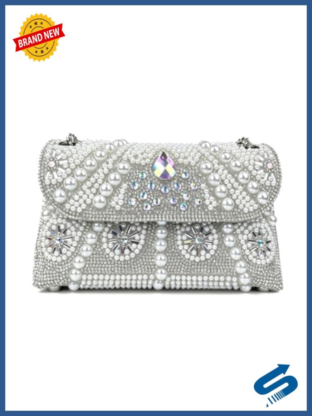 Rhinestone Pearl Clutch Evening Bag with Adjustable Chain Floral Pattern